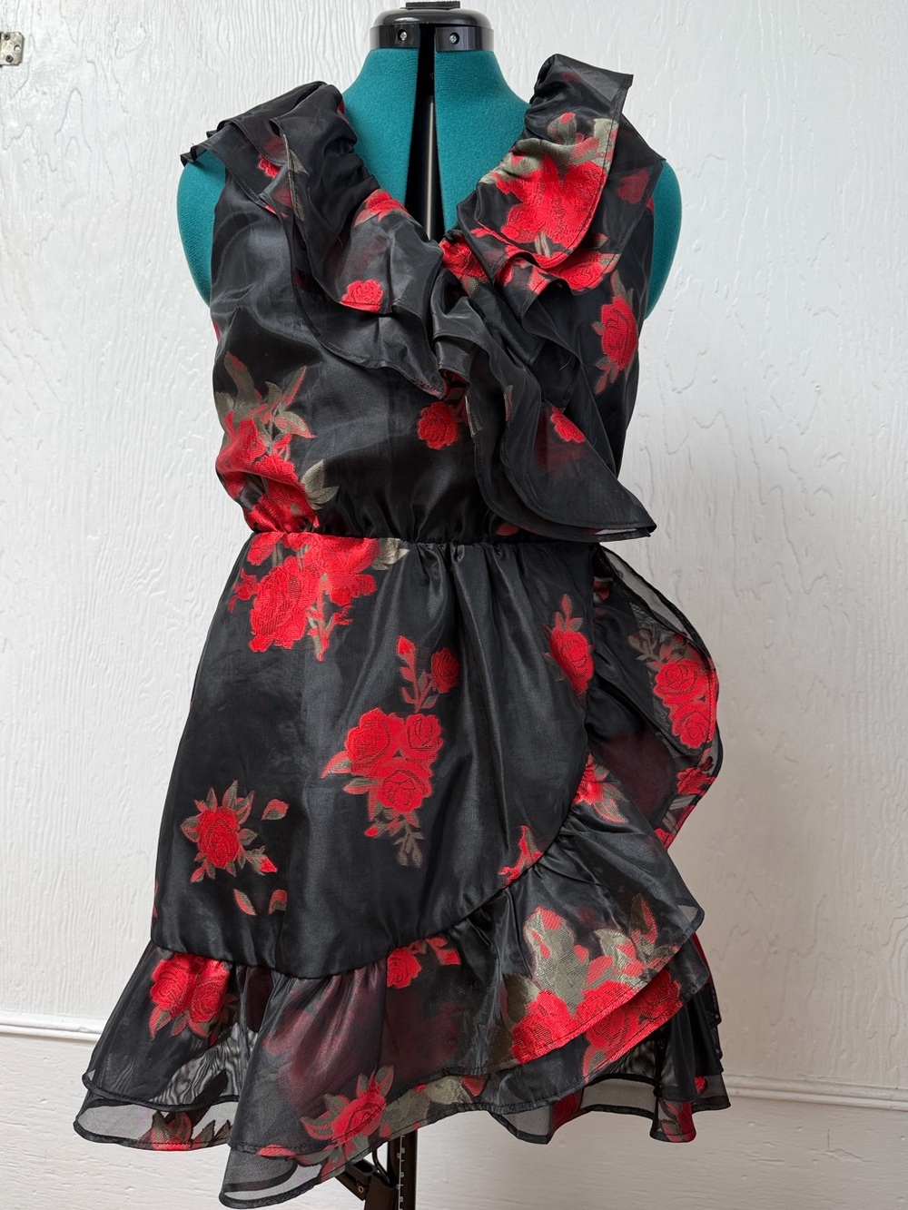 Lovers + Friends Size Small Black Cocktail Wrap Dress with Red Floral Ruffles
